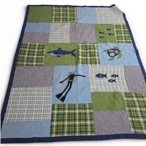 Ocean Themed Patchwork Quilt in Blue Green Shark Fish Turtle Full Size